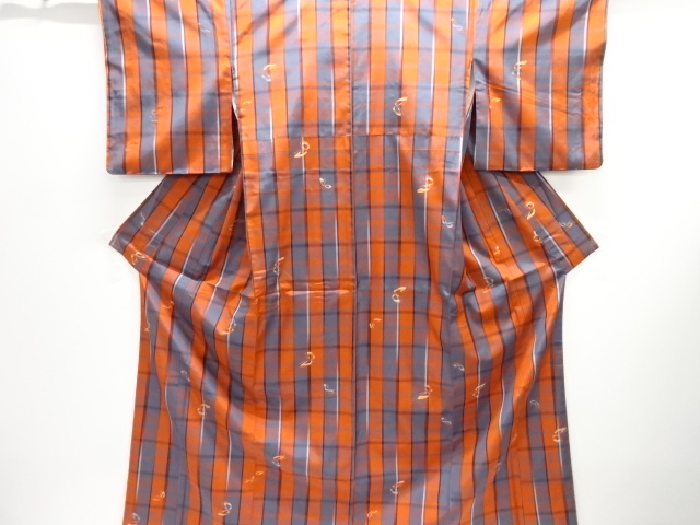 JAPANESE KIMONO / UNUSED ENSEMBLE KIMONO / SILK / YONEZAWA TSUMUGI / WOVEN GRID & BUTTERFLY